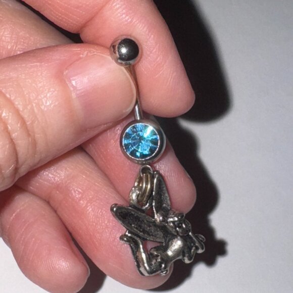 Tink Fairy with Aqua Blue gem, Fairy Design Dangle Belly Ring - Picture 11 of 15